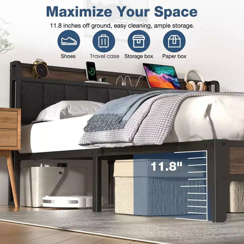 Lusimo Cadre de lit California King avec plateforme rembourrée, tête de lit de rangement et station de recharge