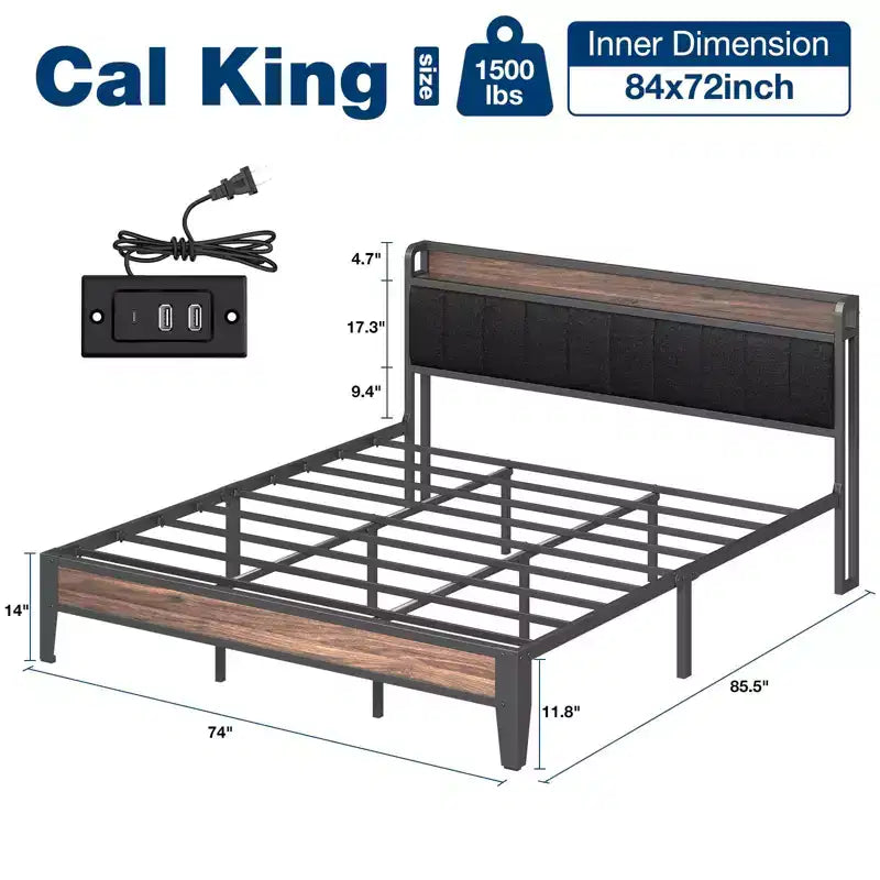 Lusimo Cadre de lit California King avec plateforme rembourrée, tête de lit de rangement et station de recharge