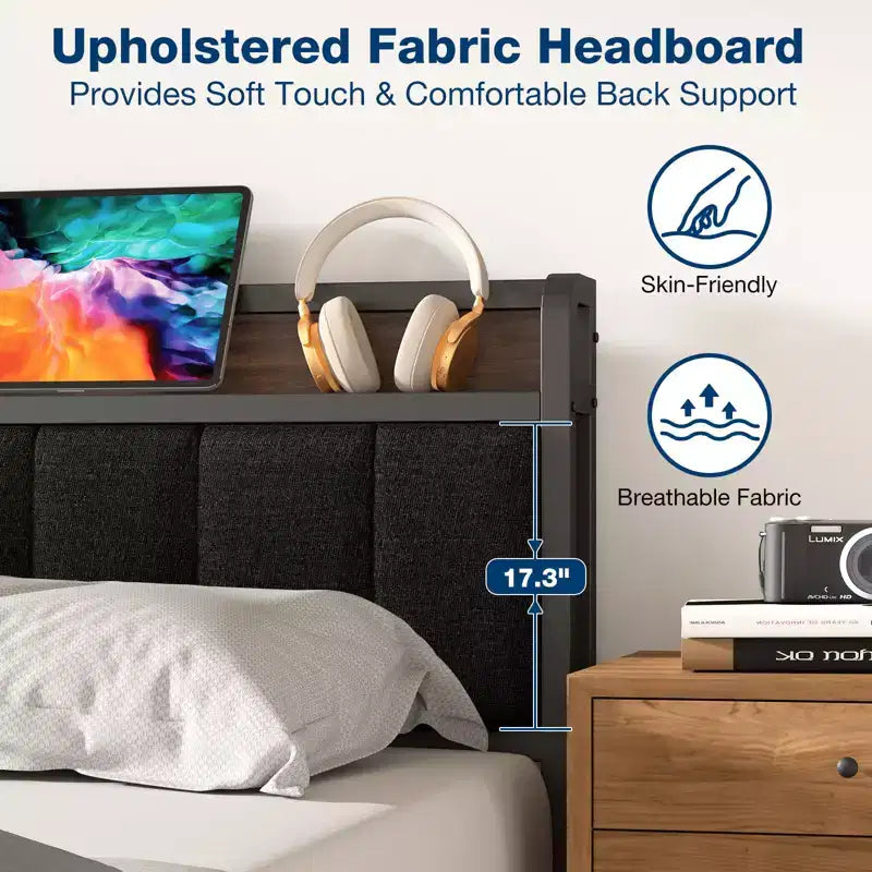 Lusimo Cadre de lit California King avec plateforme rembourrée, tête de lit de rangement et station de recharge
