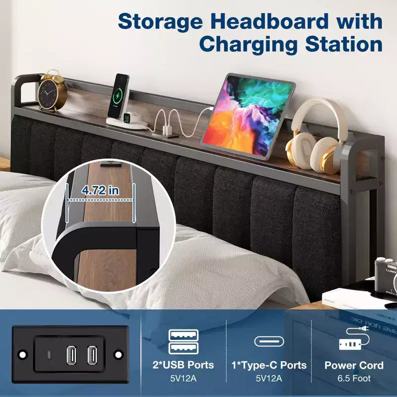 Lusimo Cadre de lit California King avec plateforme rembourrée, tête de lit de rangement et station de recharge