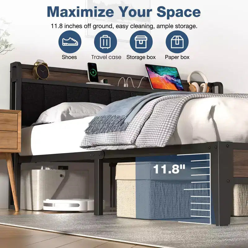 Lusimo Cadre de lit California King avec plateforme rembourrée, tête de lit de rangement et station de recharge