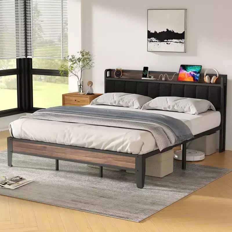 Lusimo Cadre de lit California King avec plateforme rembourrée, tête de lit de rangement et station de recharge