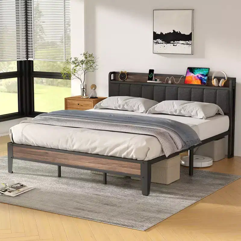 Lusimo Cadre de lit California King avec plateforme rembourrée, tête de lit de rangement et station de recharge