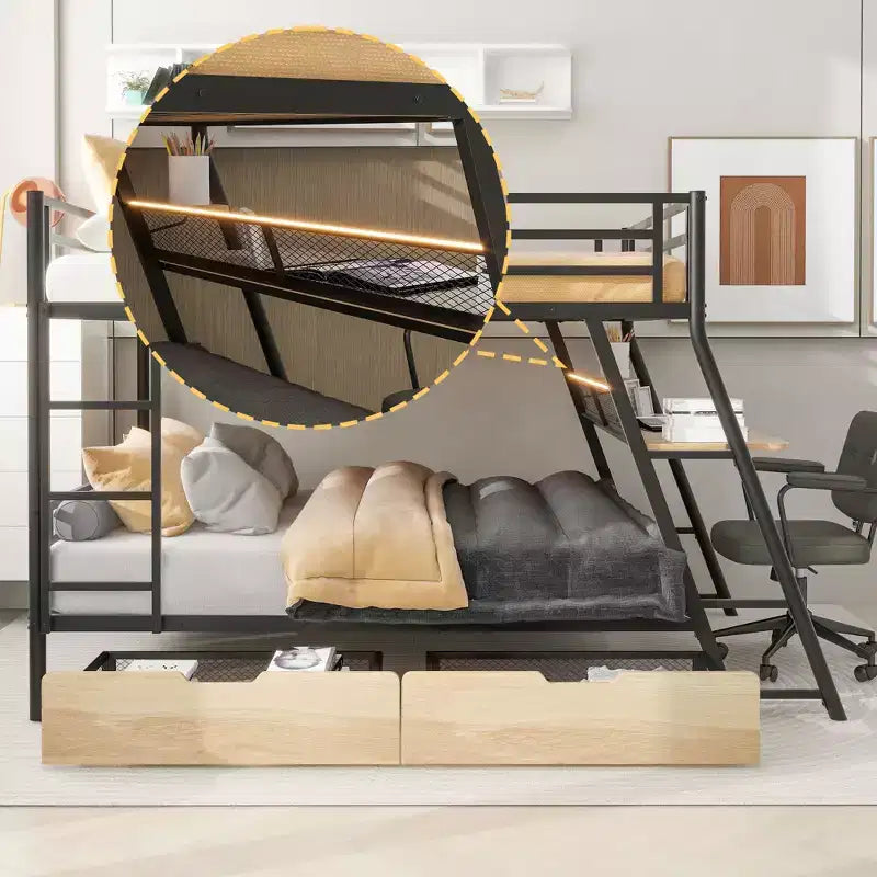 Lit superposé Whisen en métal pleine grandeur avec bureau et lumière intégrés et 2 tiroirs - Noir