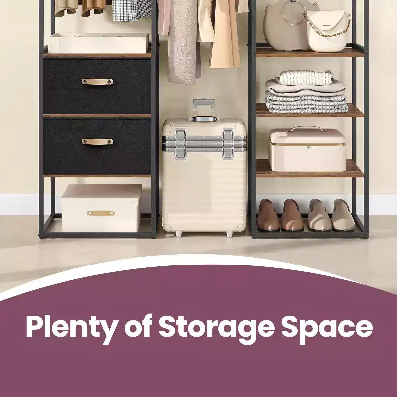 Armoire autoportante Robuste portant pour vêtements de 180 cm avec 1 tringle extensible, 2 tiroirs et 4 étagères, Marron rustique