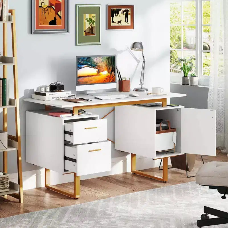 Costway Bureau d'ordinateur de 130 cm avec Plateau Flottant, Double Tiroirs et Meuble de Rangement, Cadre en Métal