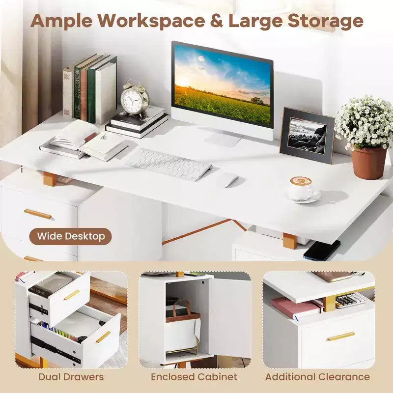 Costway Bureau d'ordinateur de 130 cm avec Plateau Flottant, Double Tiroirs et Meuble de Rangement, Cadre en Métal