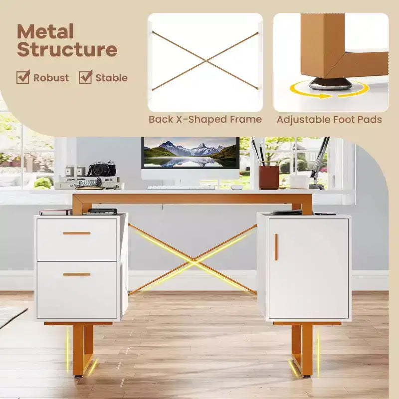 Costway Bureau d'ordinateur de 130 cm avec Plateau Flottant, Double Tiroirs et Meuble de Rangement, Cadre en Métal