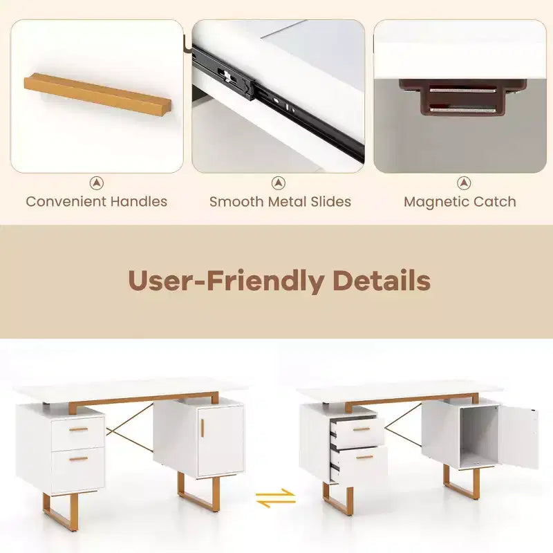 Costway Bureau d'ordinateur de 130 cm avec Plateau Flottant, Double Tiroirs et Meuble de Rangement, Cadre en Métal