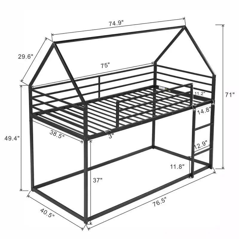Lit superposé Whisen en métal, lits jumeaux superposés en forme de maison avec échelle intégrée