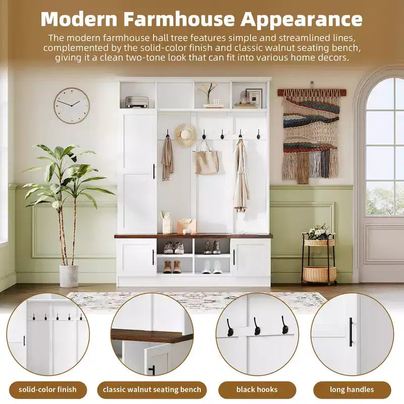 Porte-manteau polyvalent 3-en-1 Whisen avec 6 crochets, banc de rangement de style ferme noyer avec étagères réglables
