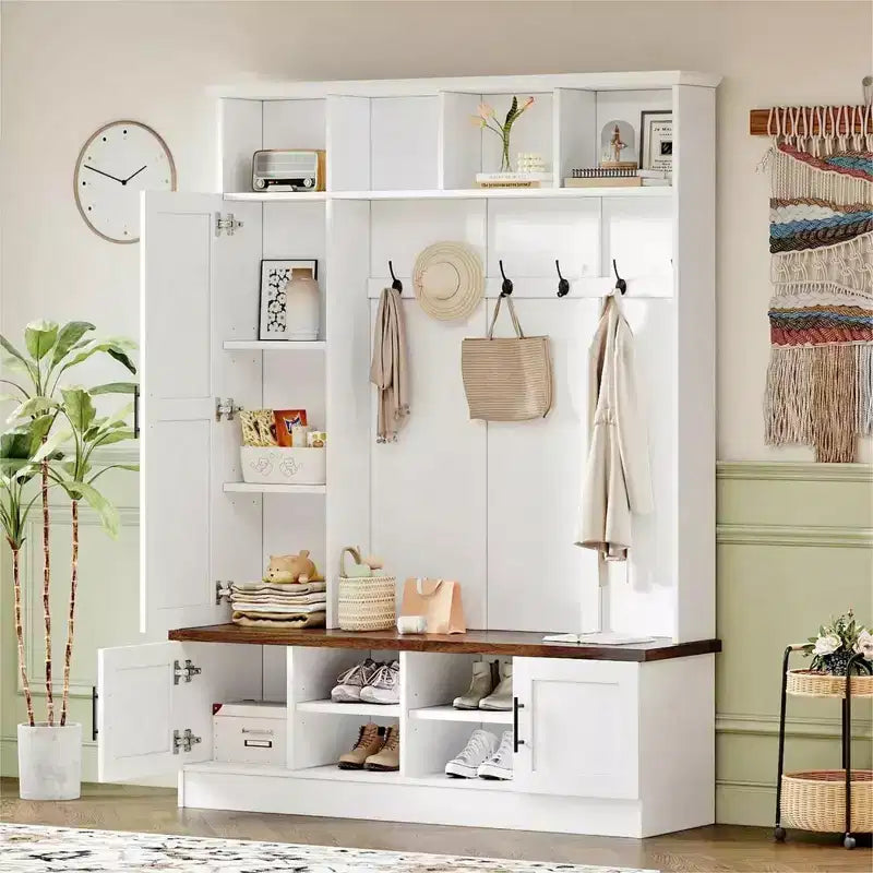 Porte-manteau polyvalent 3 en 1 avec 6 crochets, banc de rangement noyer rustique avec étagères réglables