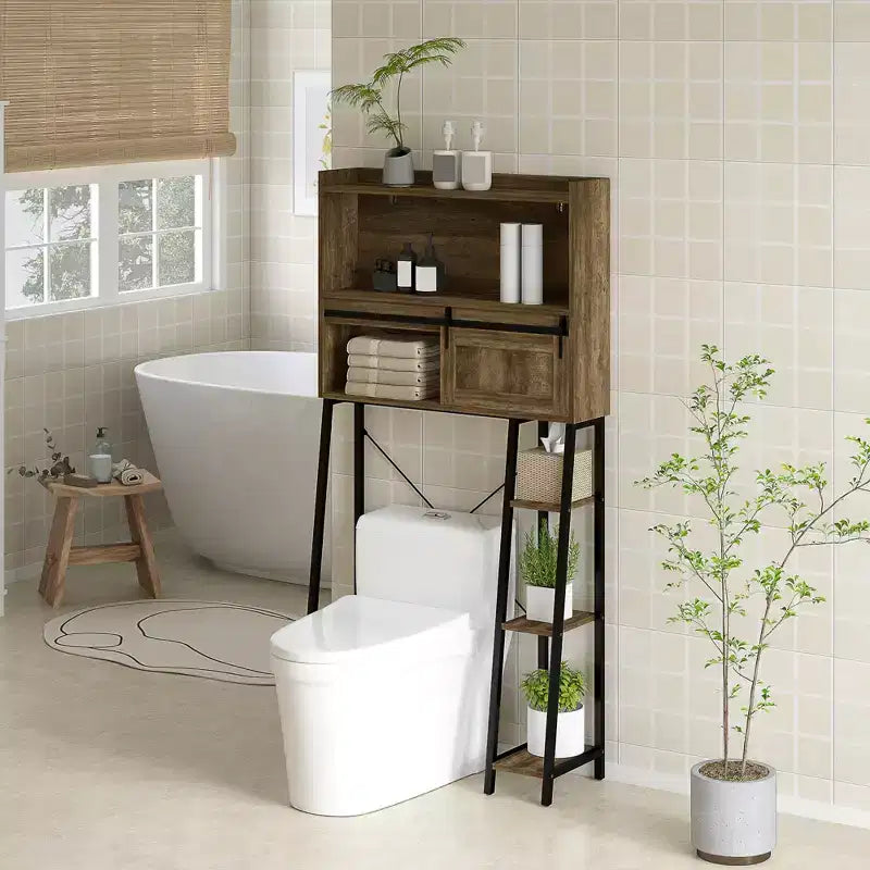 Meuble de Rangement au-Dessus des Toilettes HOMCOM, Organisateur de Salle de Bain au-Dessus des Toilettes avec Porte Coulissante, 3 Compartiments de Rangement et 4 Étagères Ouvertes
