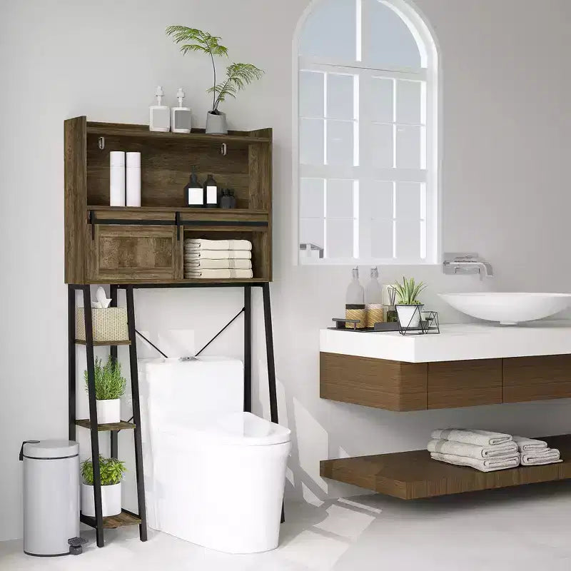 Meuble de Rangement au-Dessus des Toilettes HOMCOM, Organisateur de Salle de Bain au-Dessus des Toilettes avec Porte Coulissante, 3 Compartiments de Rangement et 4 Étagères Ouvertes