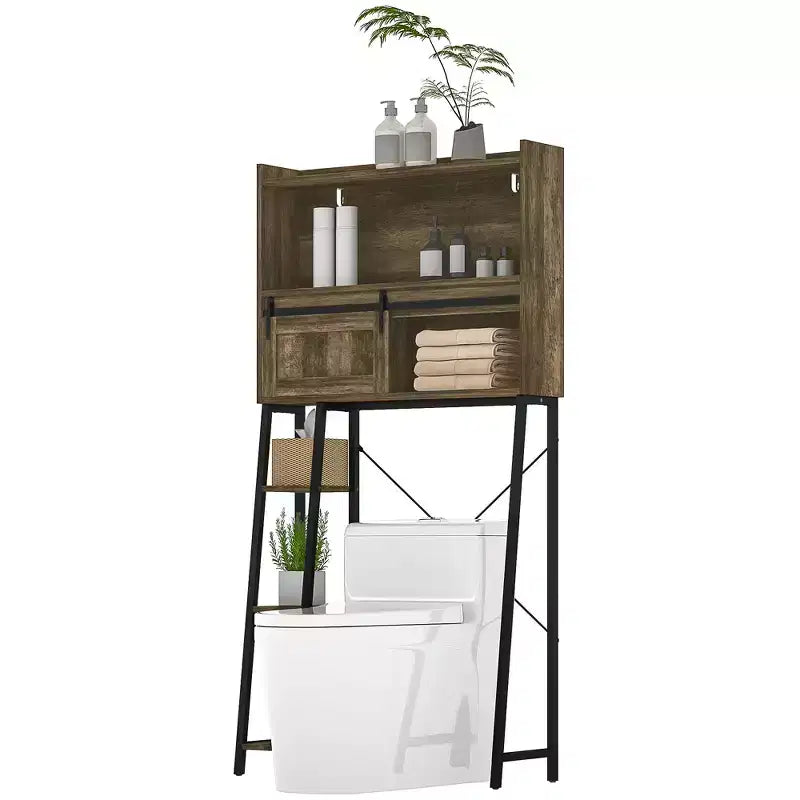 Meuble de Rangement au-Dessus des Toilettes HOMCOM, Organisateur de Salle de Bain au-Dessus des Toilettes avec Porte Coulissante, 3 Compartiments de Rangement et 4 Étagères Ouvertes