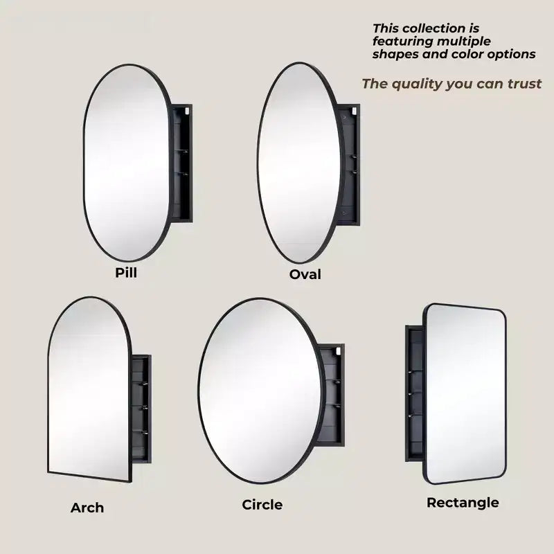 Meuble de salle de bain mural ovale noir TEHOME Cedar avec miroir, meuble de rangement de salle de bain ovale encadré en métal 20x30''