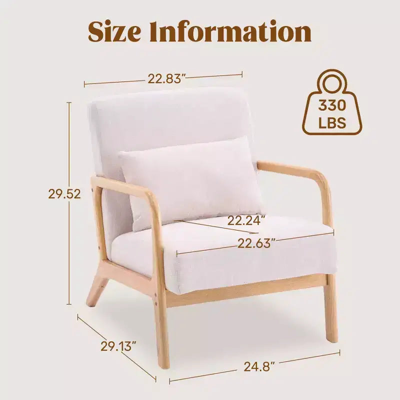 Fauteuil d'appoint moderne FERPIT rembourré avec oreiller lombaire, fauteuil relaxant avec cadre en bois massif et coussin moelleux, beige