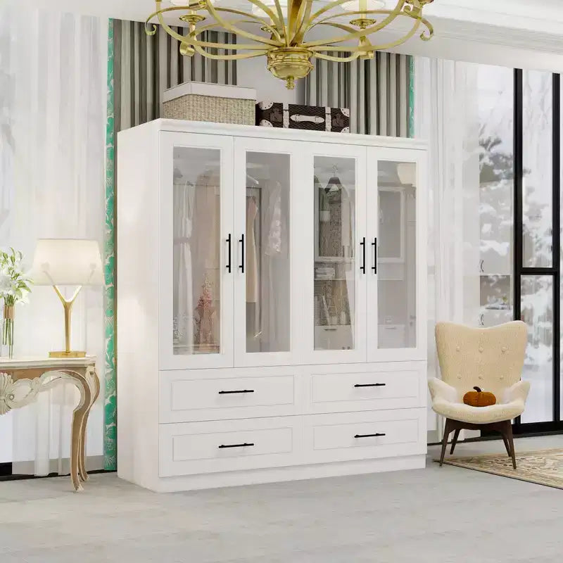 Armoire en bois blanc Keloyid de 160 cm avec 4 tiroirs et 4 portes