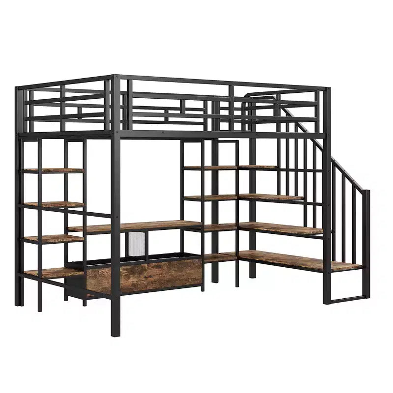Lit mezzanine en métal pleine grandeur Whisen de 232 cm (91,5 po) de long x 143 cm (56,3 po) de large avec escalier, table de rangement basse et étagères de rangement