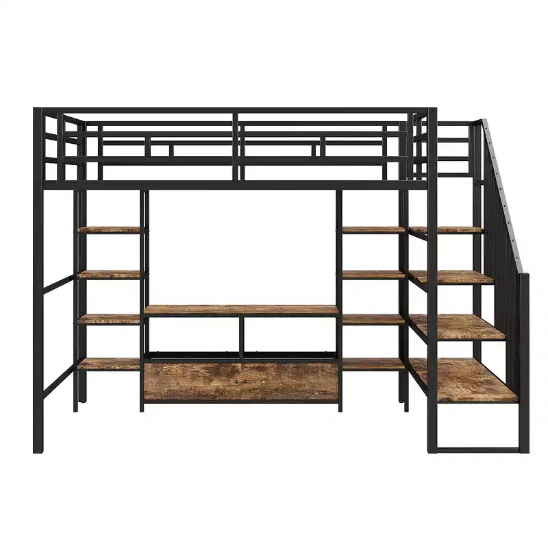 Lit mezzanine en métal pleine grandeur Whisen de 232 cm (91,5 po) de long x 143 cm (56,3 po) de large avec escalier, table de rangement basse et étagères de rangement