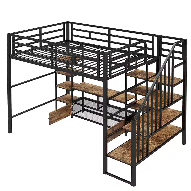 Lit mezzanine en métal pleine grandeur Whisen de 232 cm (91,5 po) de long x 143 cm (56,3 po) de large avec escalier, table de rangement basse et étagères de rangement