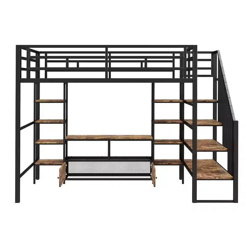 Lit mezzanine en métal pleine grandeur Whisen de 232 cm (91,5 po) de long x 143 cm (56,3 po) de large avec escalier, table de rangement basse et étagères de rangement