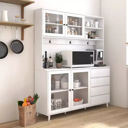63W Meuble de cuisine Buffet de cuisine Armoire de rangement Meuble buffet avec tiroirs, crochets de suspension et étagère à micro-ondes, Blanc - ModernLuxe