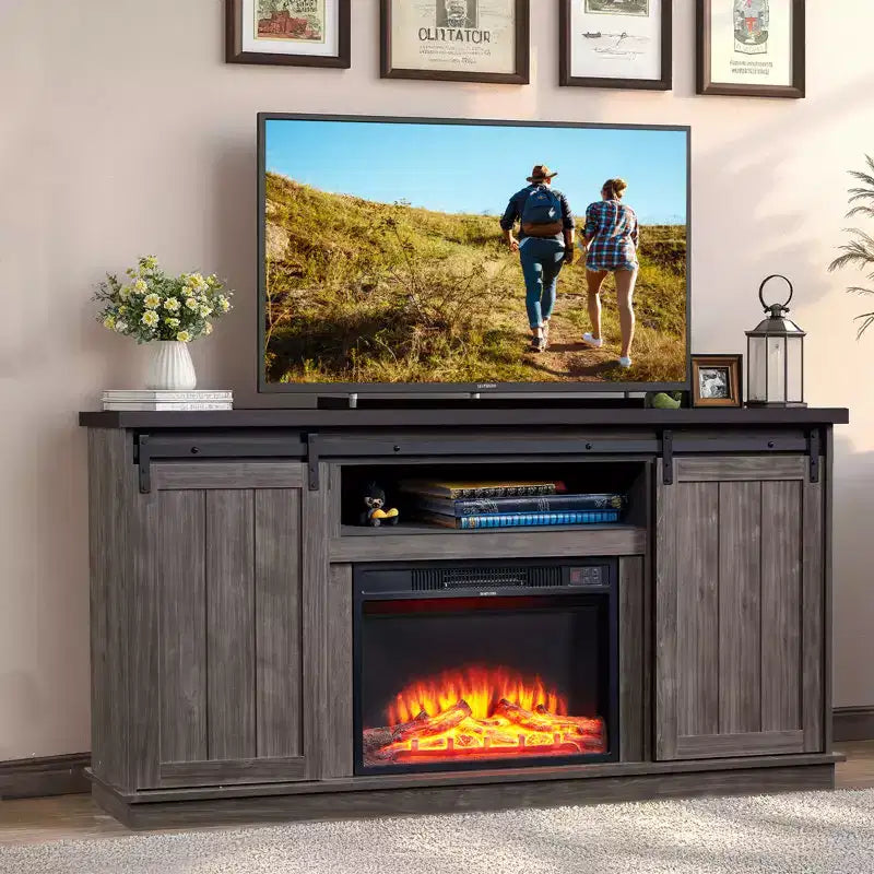 Meuble TV EROMMY 63 pour téléviseurs jusqu'à 80 pouces avec étagères de rangement ouvertes et placards