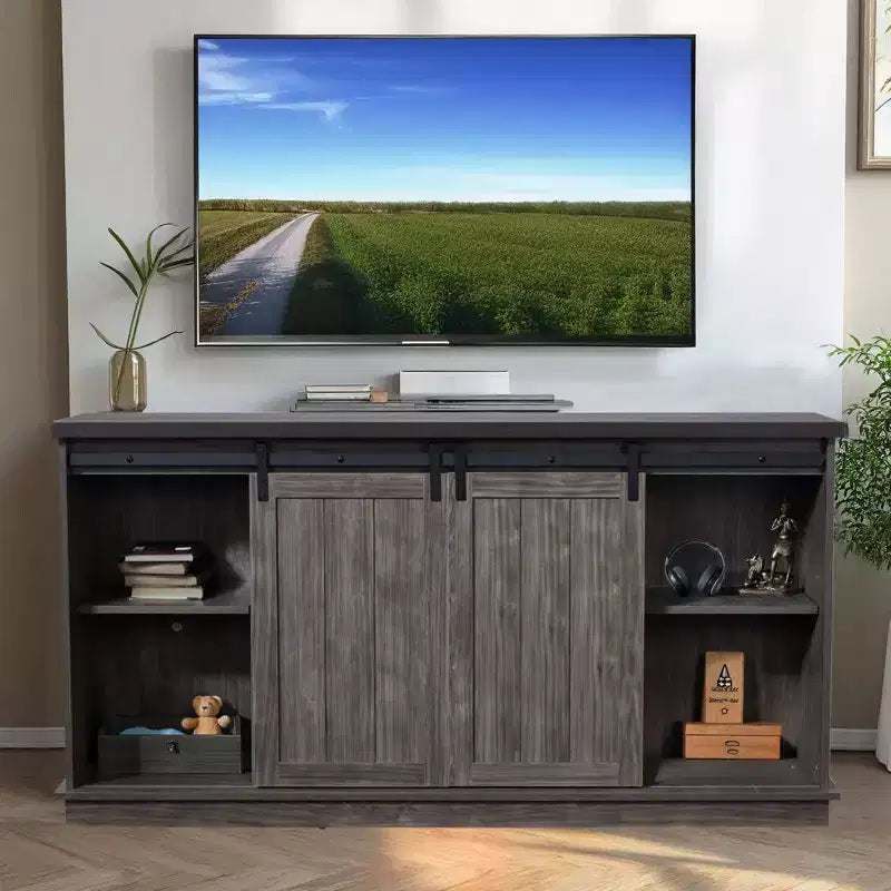 Meuble TV EROMMY 63 pour téléviseurs jusqu'à 80 pouces avec étagères de rangement ouvertes et placards