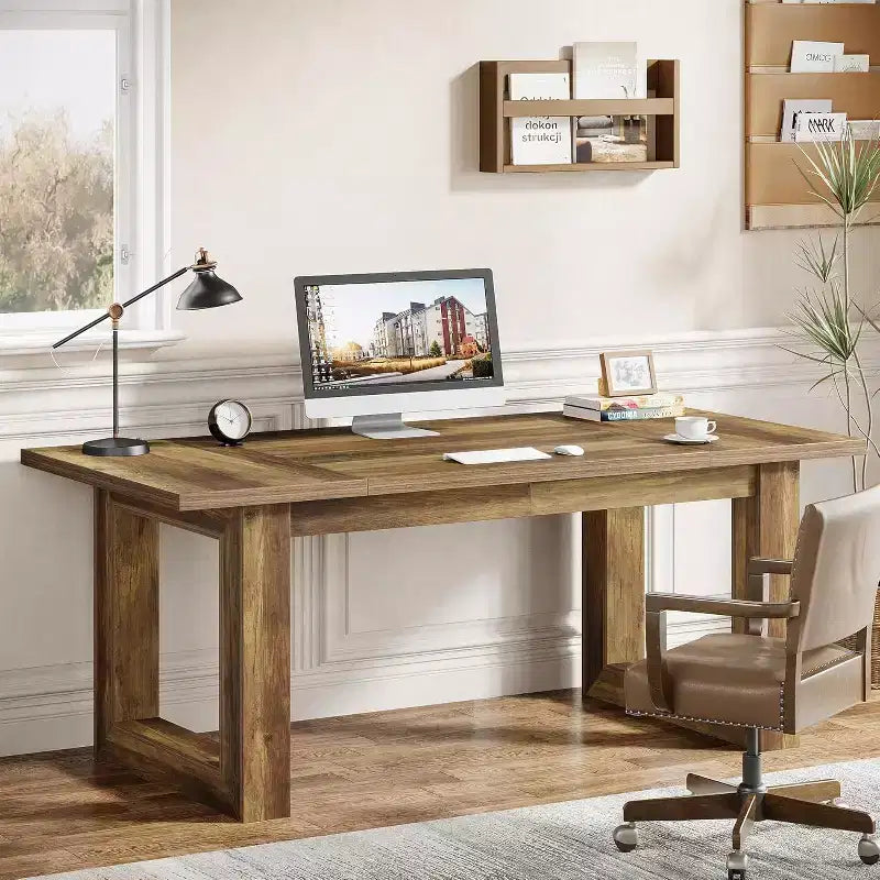 Lantine Bureau d'ordinateur de direction de 160 cm, Table d'écriture industrielle avec base en bois massif pour bureau à domicile