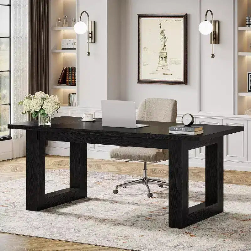 Lantine Bureau d'ordinateur de direction de 160 cm, Table d'écriture industrielle avec base en bois massif pour bureau à domicile