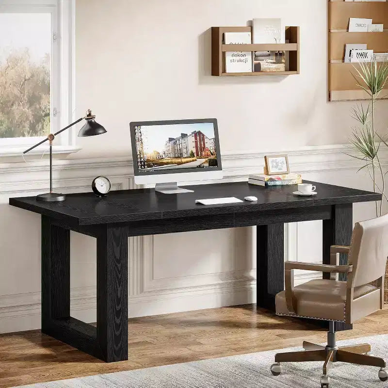 Lantine Bureau d'ordinateur de direction de 160 cm, Table d'écriture industrielle avec base en bois massif pour bureau à domicile