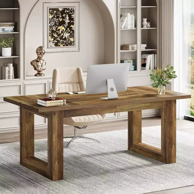 Lantine Bureau d'ordinateur de direction de 160 cm, Table d'écriture industrielle avec base en bois massif pour bureau à domicile