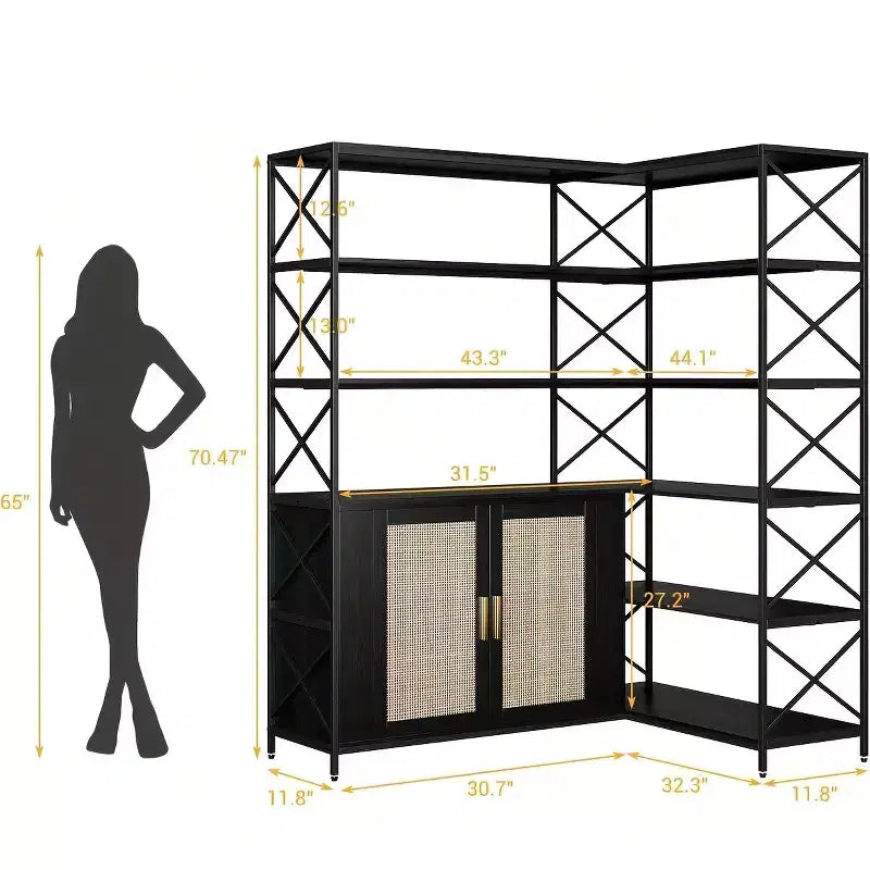 Garvee Étagère d'angle industrielle à 6 niveaux, bibliothèque en forme de L avec armoire de rangement, grande étagère de présentation pour bureau à domicile, salon, cuisine