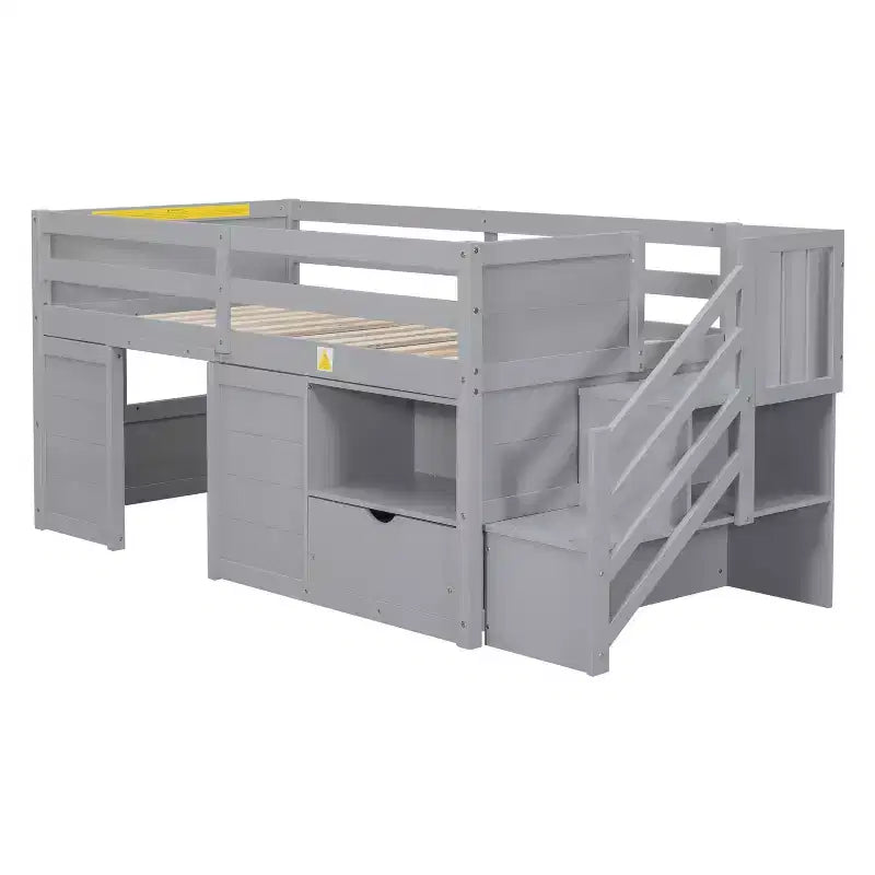 Lit bas mezzanine double Whisen 94,6L x 42,3W en bois massif avec escalier, tiroir et étagère, design moderne et épuré