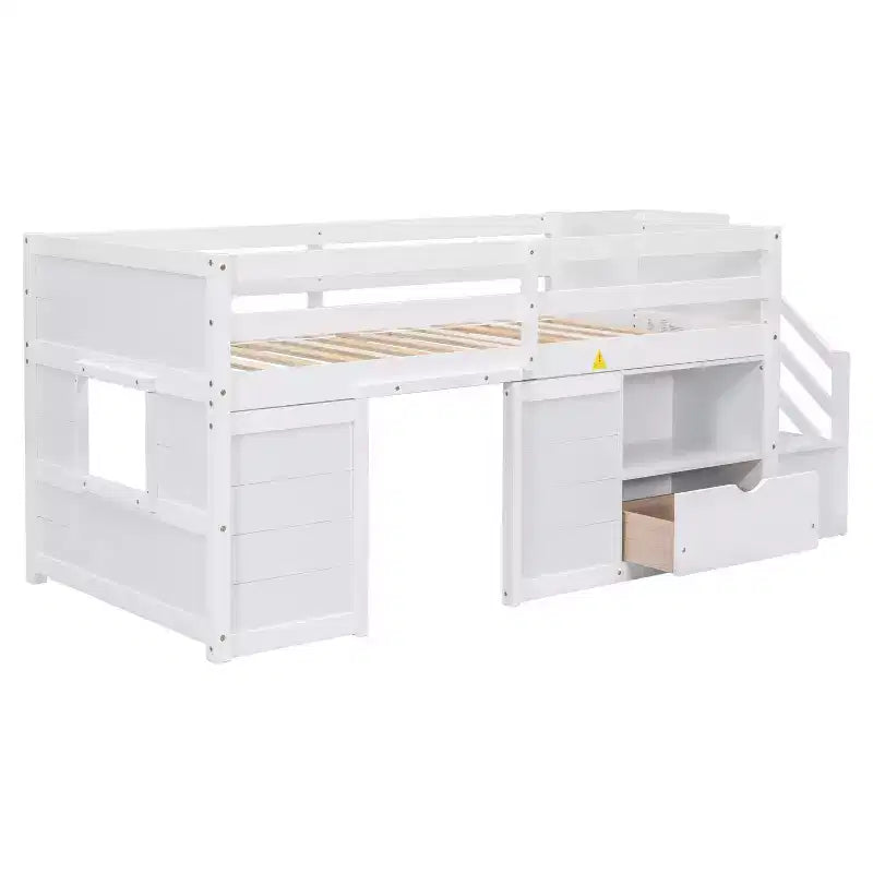 Lit bas mezzanine double Whisen 94,6L x 42,3W en bois massif avec escalier, tiroir et étagère, design moderne et épuré