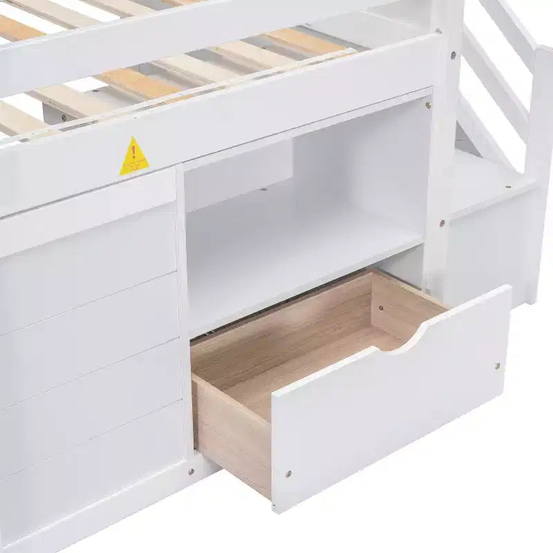 Lit bas mezzanine double Whisen 94,6L x 42,3W en bois massif avec escalier, tiroir et étagère, design moderne et épuré