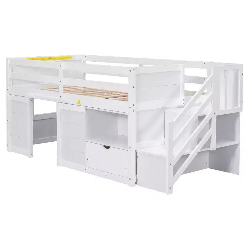 Lit bas mezzanine double Whisen 94,6L x 42,3W en bois massif avec escalier, tiroir et étagère, design moderne et épuré