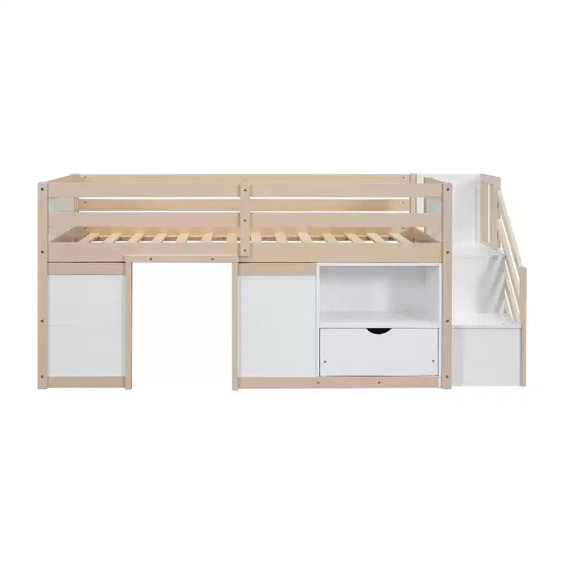 Lit bas mezzanine double Whisen 94,6L x 42,3W en bois massif avec escalier, tiroir et étagère, design moderne et épuré