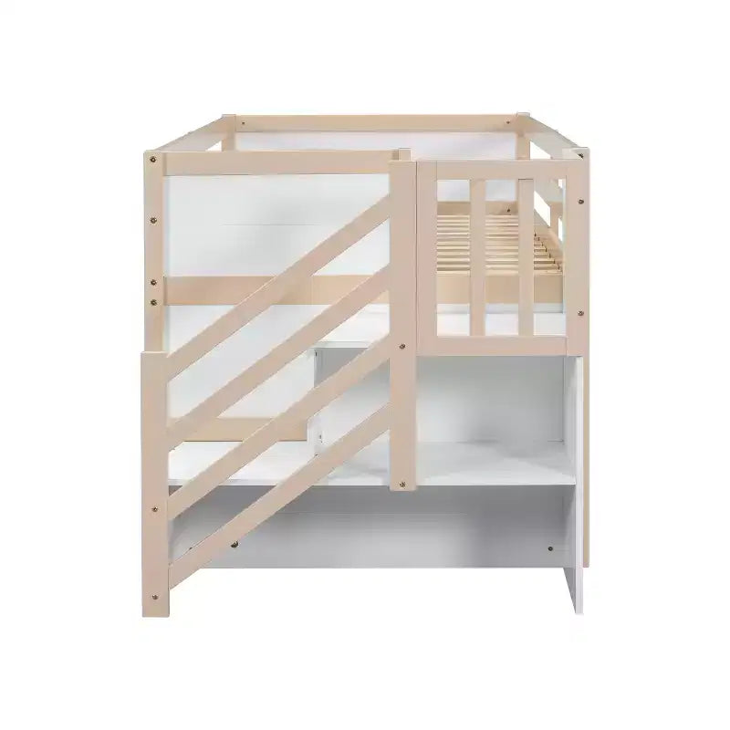 Lit bas mezzanine double Whisen 94,6L x 42,3W en bois massif avec escalier, tiroir et étagère, design moderne et épuré