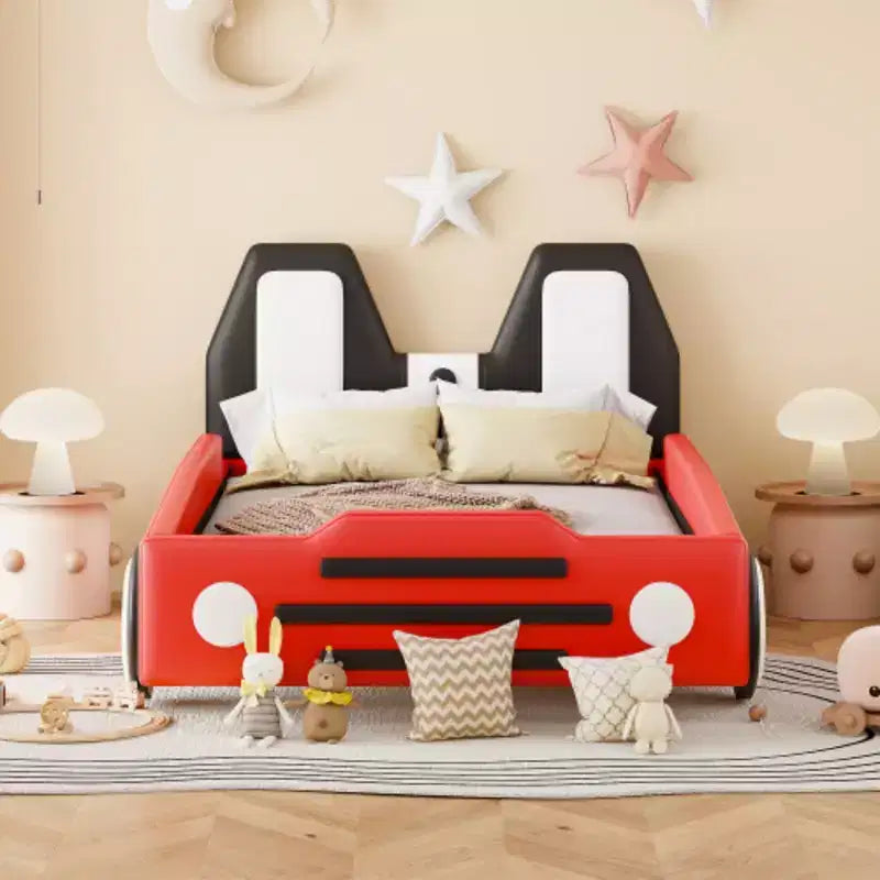 Lit plate-forme en forme de voiture de course, taille jumeau, avec roues, jaune