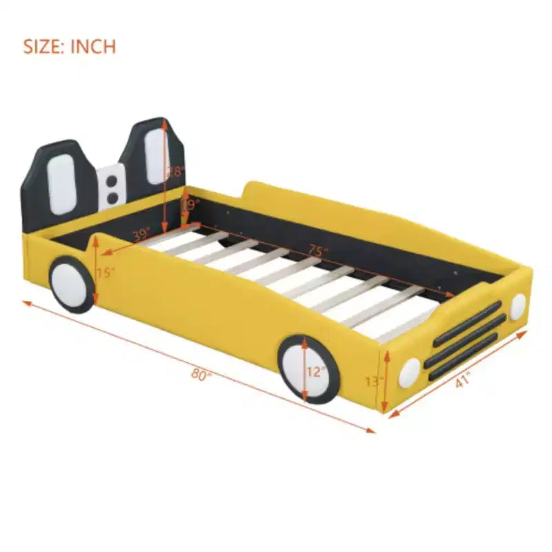 Lit plate-forme en forme de voiture de course, taille jumeau, avec roues, jaune
