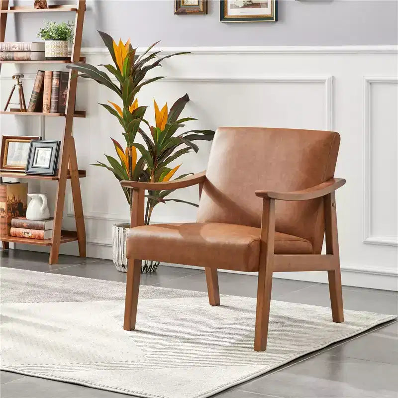 Yaheetech Lot de 2 fauteuils de salon en similicuir style Mid-Century avec pieds en bois massif pour salon, chambre, chambre d'amis