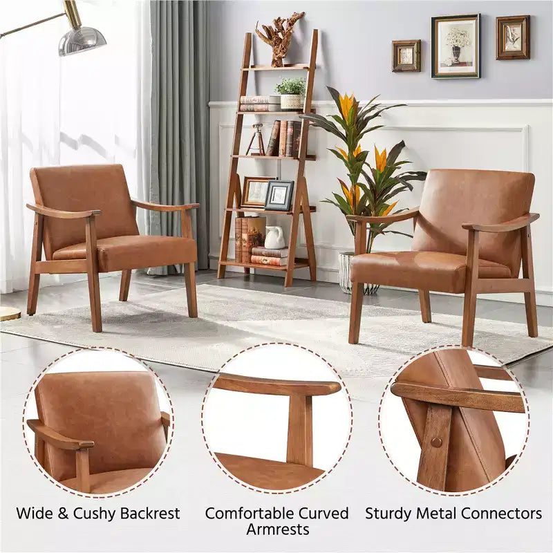 Yaheetech Lot de 2 fauteuils de salon en similicuir style Mid-Century avec pieds en bois massif pour salon, chambre, chambre d'amis