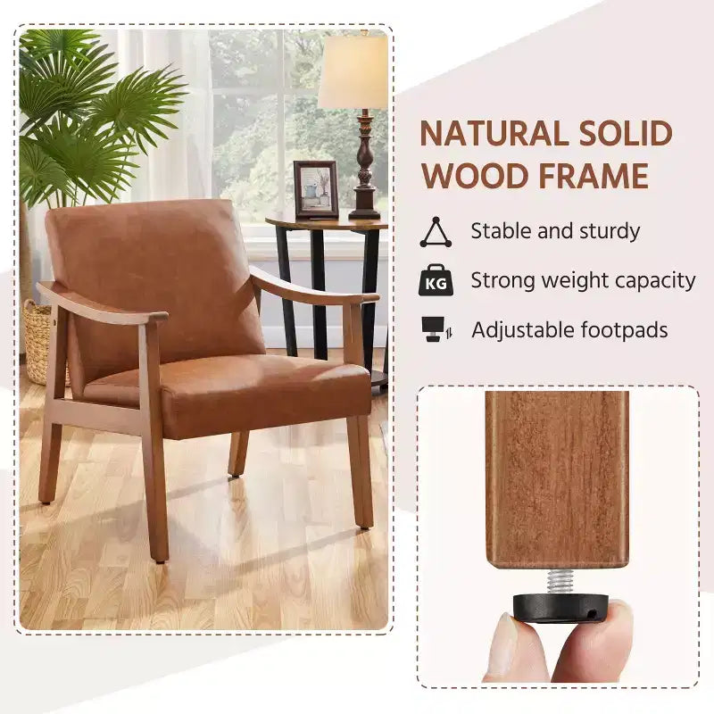 Yaheetech Lot de 2 fauteuils de salon en similicuir style Mid-Century avec pieds en bois massif pour salon, chambre, chambre d'amis