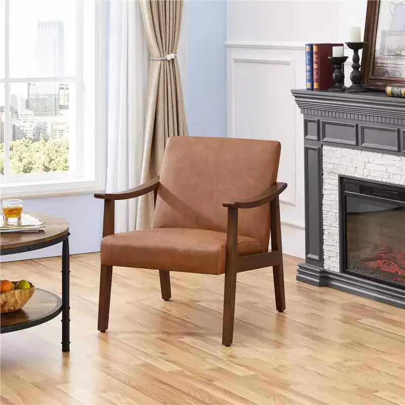 Yaheetech Lot de 2 fauteuils de salon en similicuir style Mid-Century avec pieds en bois massif pour salon, chambre, chambre d'amis