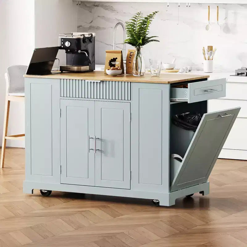 Îlots de cuisine de style classique Whisen sur 5 roulettes avec 3 tiroirs et 3 étagères latérales ouvertes