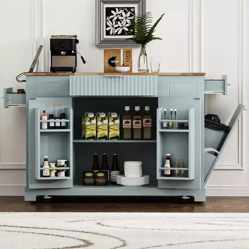 Îlots de cuisine de style classique Whisen sur 5 roulettes avec 3 tiroirs et 3 étagères latérales ouvertes