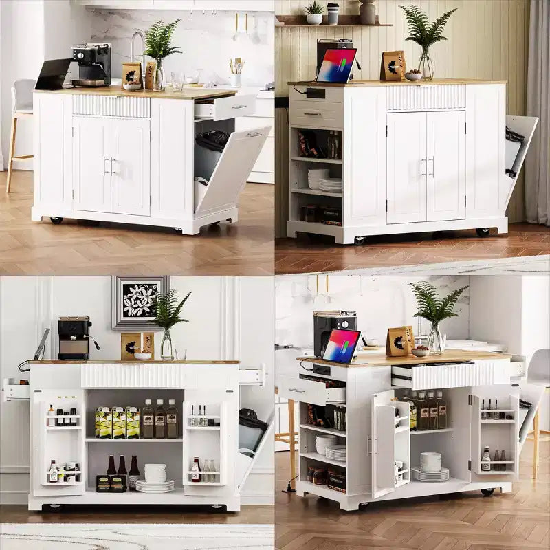 Îlots de cuisine de style classique Whisen sur 5 roulettes avec 3 tiroirs et 3 étagères latérales ouvertes