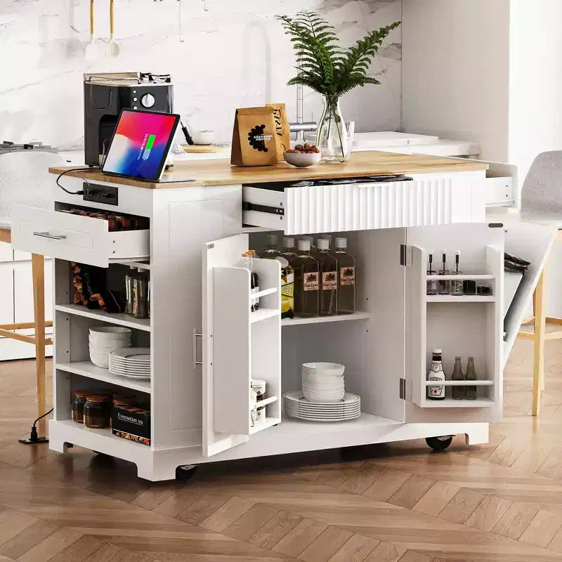 Îlots de cuisine de style classique sur 5 roulettes avec 3 tiroirs et 3 étagères latérales ouvertes